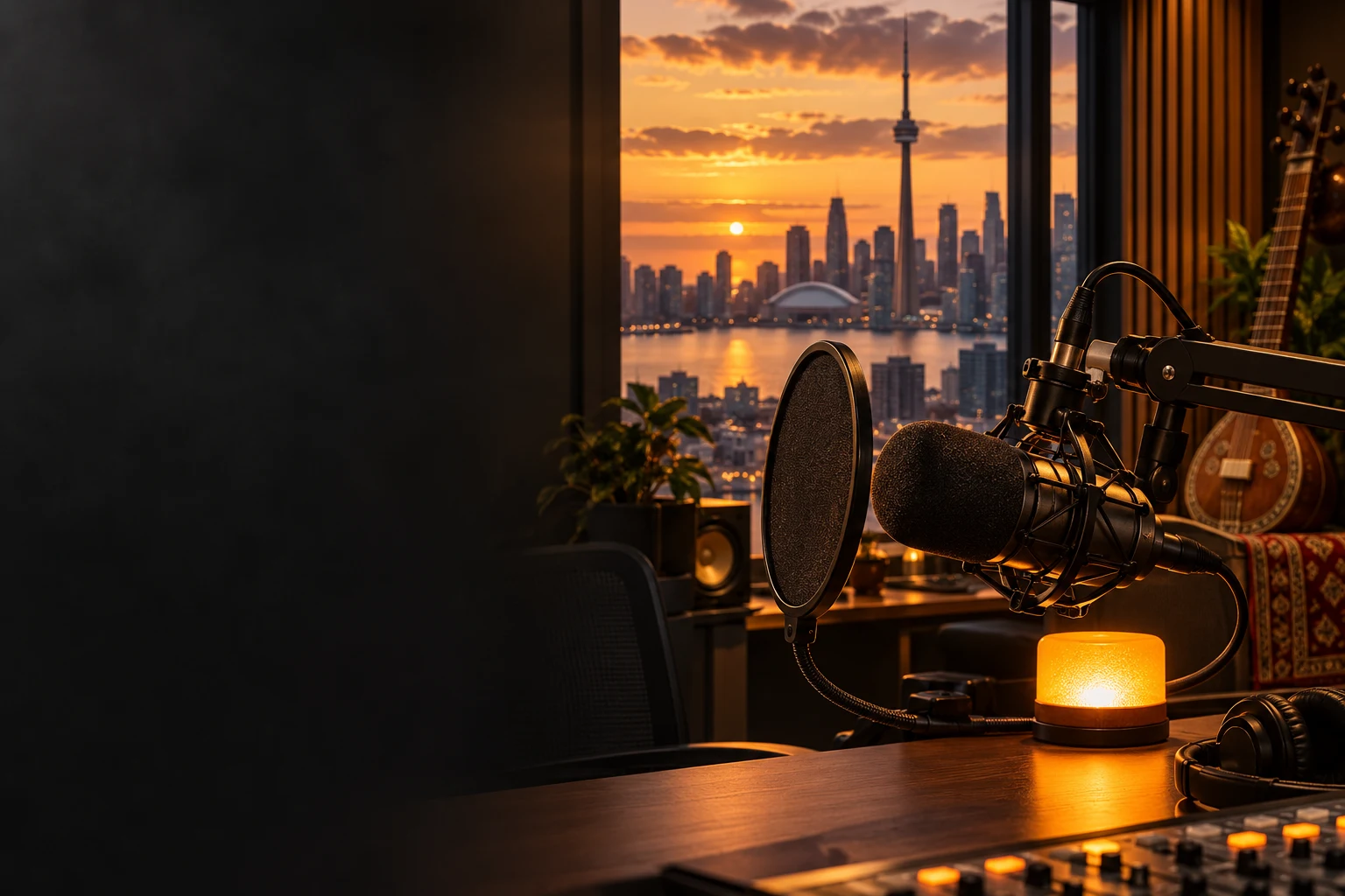 A microphone overlooking the Toronto skyline at golden hour